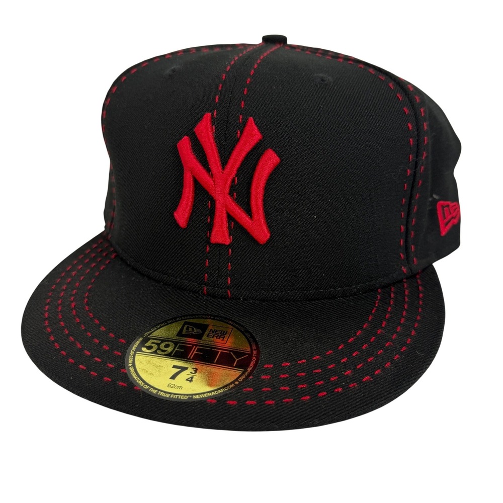 New Era New York Yankees 59FIFTY Fitted Hat 7 3/4 Black Red Contrast Stitch Wool - Picture 2 of 14